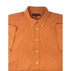 Tommy Hilfiger‎ Orange with Small Checks Cotton Men's Short Sleeve Shirt Size XL